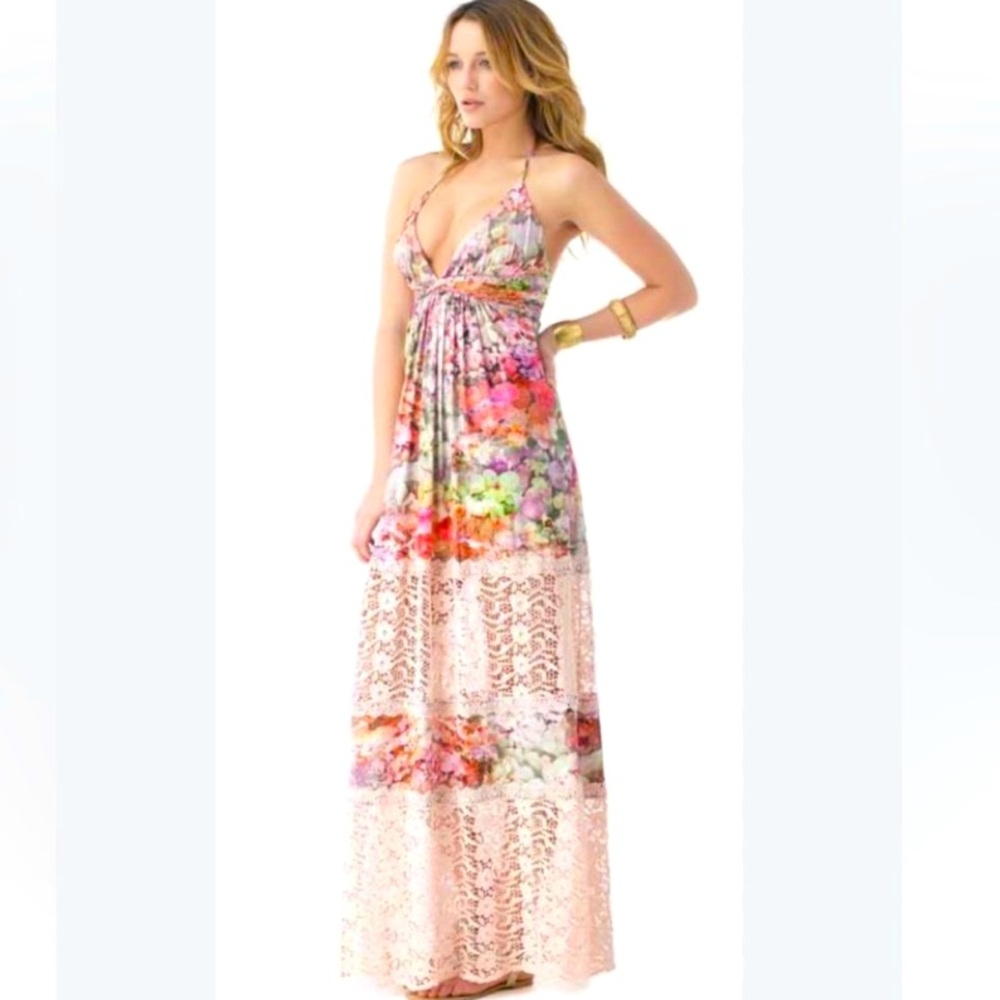 Sky Liberty Crochet Paneled Maxi Dress Pink Multi Color Floral